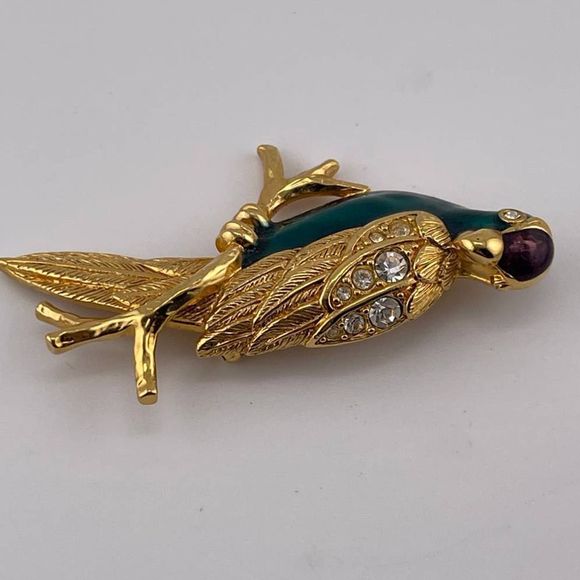 VTG Avon Parrot Bird Brooch Pin Gold‎ Tone Enamel Rhinestones Teal Green Blue - Picture 6 of 6